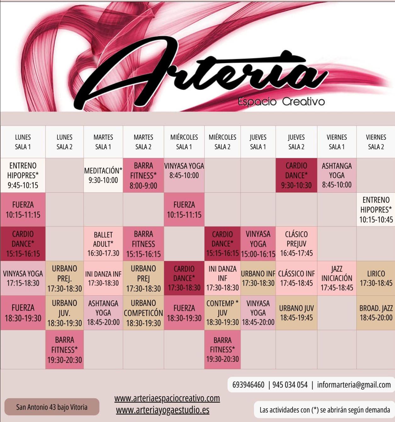 Horario completo de Arteria Espacio Creativo, curso 2026–2027