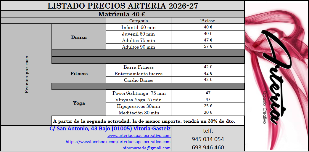 Listado oficial de tarifas de Arteria Espacio Creativo para el curso 2026–2027